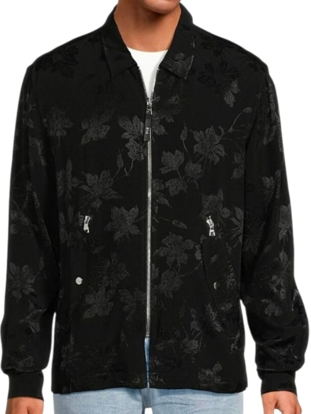 RTA | Caden Black Floral Jacquard Zip Shirt Jacket Small
